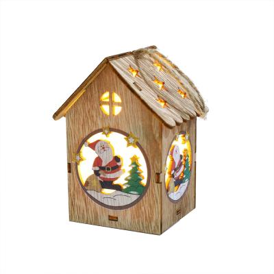 China Christmas Gift Lighted Decoration Led Light Christmas Snowman Wooden Doll House Led Light Up Mini Wooden House Toy Decor for sale