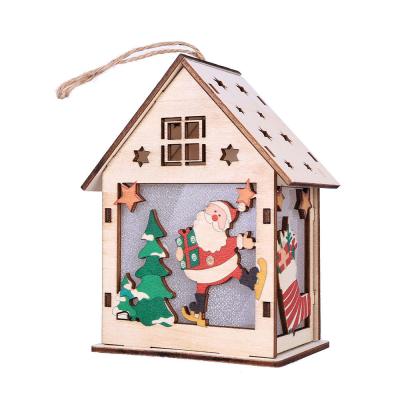 China Christamas Home Decoration Christmas Wood Crafts Christmas Log Cabin Light Small House Colorful Pendant for sale