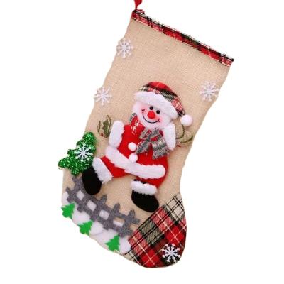 China Festival Decoration Large Xmas Window Home Decoration Farro Plaid Applique Embroidery Elk Christmas Gift Canvas Socks for sale