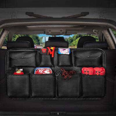 China Camouflage Forest PU Car Trunk Leather Organizer Rear Backseat Hang Storage Bag 8 Large Pocket 88*48cm 35*19 Inch for sale