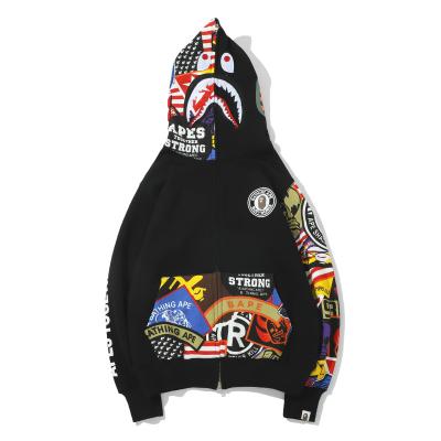 China BAPE colorful graffiti shark head anti-pilling hoodie splicing casual zipper men's cardigan coat plus velvet for sale