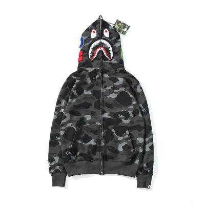 China BAPE colorful graffiti shark head anti-pilling hoodie splicing casual zipper men's cardigan coat plus velvet for sale