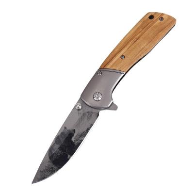 China Fast Shipping Camping Knife Premium Stainless Steel Hunter Knife Wood Handle 3D Patterned Blade Outdoor Military Knife for sale