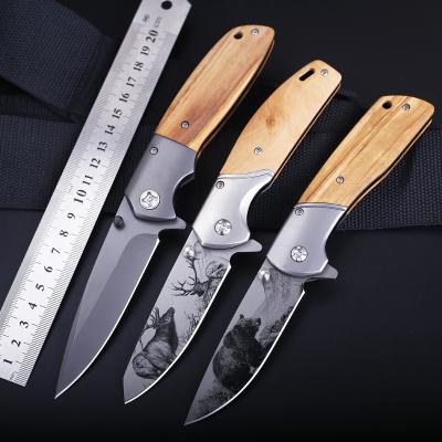 China High Quality Camping Stainless Steel Quick Carry Knife Folding Outdoors Pocket Knives With Wood Handle 3D Patterned Blade Pocket Knife for sale