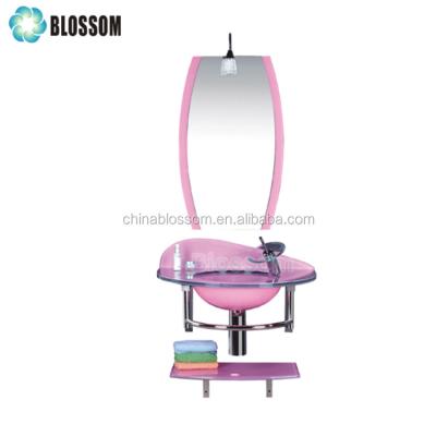 China Shampoo Sinks Bathroom Furniture Corner Round Glass Water Color Pink Basin With Shelf for sale