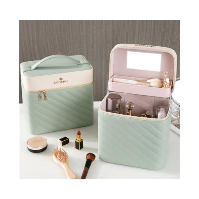 China Fashion TCB-8C249 PU Leather Portable Drawers Soft Double Layer Cosmetic Case Foldable Makeup Organizer Box With Mirror for sale