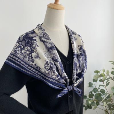 China TSK-SW8C006 Soft Smooth European Feeling Forest Print Square Shawl Scarf For Women Elegant Mulberry Navy Blue 90% Silk Scarf for sale