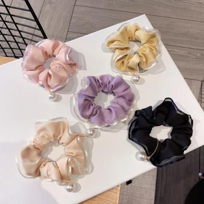 China THB-8D723 Korea Vintage Satin Mesh Hair Scrunchies Elastic Headband For Girls Lady Pearl Hair Ponytail Holder for sale