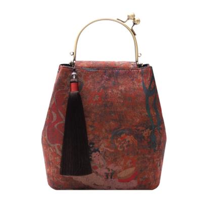 China Fashoion TLB-8D486 Gauze Silk Handbag with Elegant Classic Tassel Flower Printed Bucket Cross - Body Shoulder Bag for sale