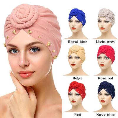 China THB-8D964 Ladies Multifunctional Turban Hat Beaded Beads Wrap Hair Hat Muslim Hijab Head Scarf Bandanna for sale