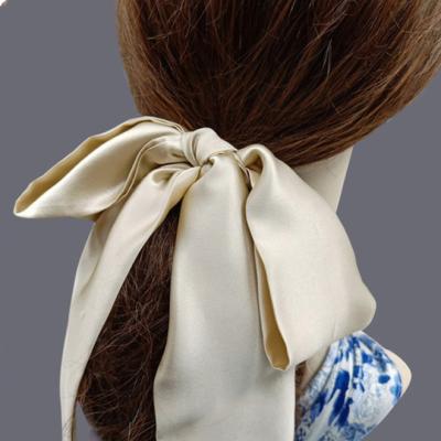 China THB-8C674 Korea 100% Silk Elastic Bowknot Hairband For Girls Lady Solid Color Scrunchies Hair Ponytail Holder With Long Ribbon for sale