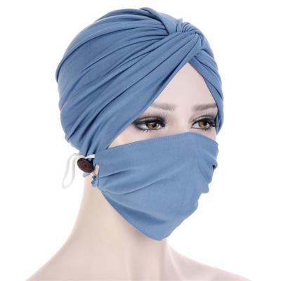 China THB-8D879 Girls Hair Decoration Women Hat Muslim Cross Turban Hood Hijab With Button Dustproof Mask Set for sale