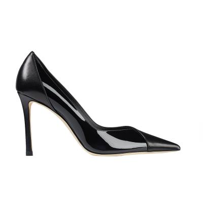 China Height Increasing 2023 Low MOQ New Design Low Price 90mm Heel Height Black Patent Leather PU Pointed Toe Ladies Office Wear Pump High Heels for sale