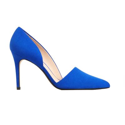 China Fashion trend low moq stylish blue suede OEM fast delivery women leather stilettos high heel for sale