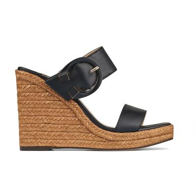 China 2023 Fashion Trend Hot Selling Jute Covered Square Toe Black Leather Buckle Ladies Wedges Sandals Wedges For Women for sale