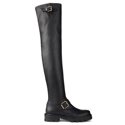 China Fashion Trend FW23 Winter Boots Black Stretch PU With Gold Buckle Strap Sexy Over The Knee Axle Women Biker Boots Over The Knee Boots for sale