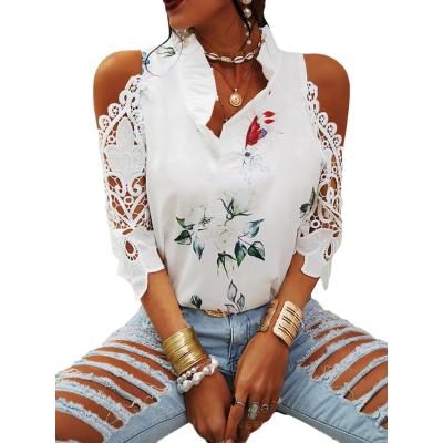 China Summer Crewneck Lace T-shirts Casual Loose Fit Tops Off-the-Shoulder Breathable Raglan Tees T Shirts For Women for sale