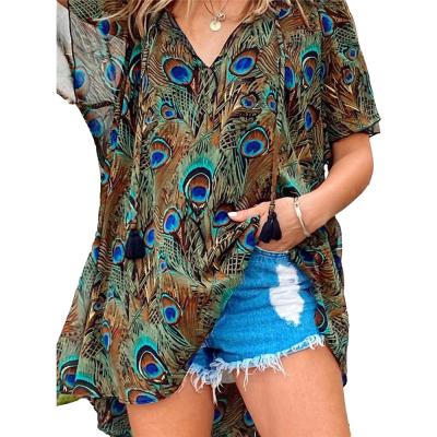 China Breathable wholesale women fashion short sleevle summer western deisgn casual loose tops peacock printing blouses and t-shirt for sale