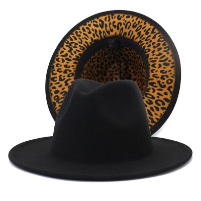 China Hot Sale Plush Black With Leopard Bottom Colors Felt Fedora Hat Tie Dye Cheetah Print 2 Fedora Men's Fedora Hat Two Tone Hats for sale