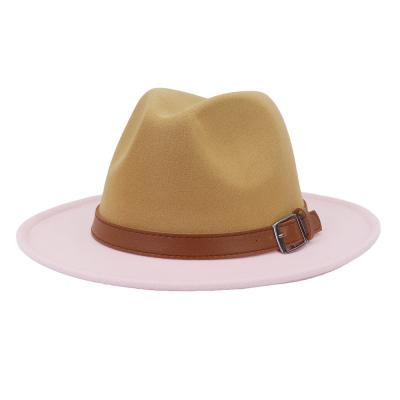 China 2021 new plush designer 2 two color stitched together felt soft wide brim fadora hat two tone felt hat men and women for sale