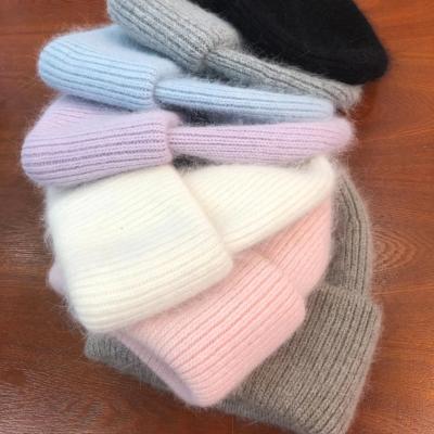 China Futumn Image and Winter Rabbit Hair Solid Color Soft Angora Vertical Stripe Warm Knitted Beanie Hat for sale