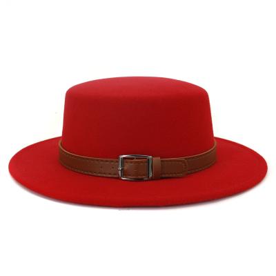 China Wholesale High Quality Solid Color Character Felt Fedora Hats Female Wide Brim Flat Top Sun Hat With Belt Buckle Ribbon for sale