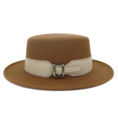 China Character Unique Wide Brim Felt Fedora Hats Classic Solid Color Porkpie Hat With Sash Bckle Ribbon for sale