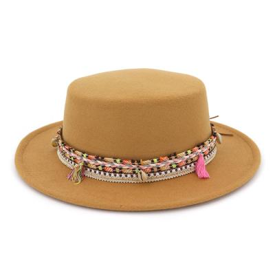 China Wholesale High Quality Character Flat Top Soft Disc Felt Fedora Hats For Women Fashion Ethnic Culture Solid Color Wide Brim Fedora Top Hat for sale