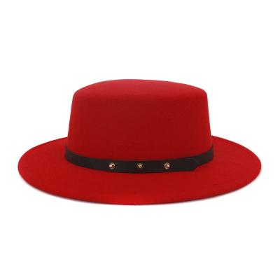 China Character Women Solid Color Wide Brim Felt Flat Surface Outdoor Fashion Felted Hat Cap Casual Tourism Hat For Lady With Belt Ribbon for sale