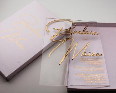 China Europe Transparent Acrylic Clear Wedding Invitation Embossed Gold Foil Printed Invitation Ivory Boxed Invite for sale