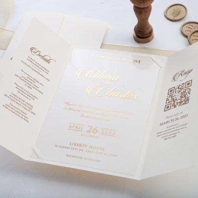 China Europe Acrylic Wedding Invitation With QR Code Rsvp And Details Fold Out And Gold Foil Invite for sale