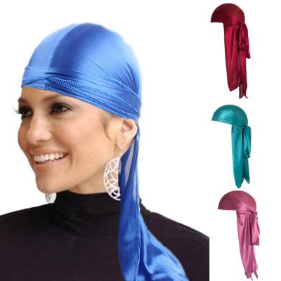 China Wholesale Hot Running Silk Striped Style Solid Color Long Tail Turban Durags And Cowls for sale