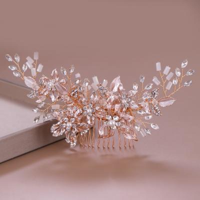 China Hair Accessories Clear Rose Gold Plating Rhinestone and Pearl Wedding Bridal Headpiece Elegant Weddding Jewelry for sale