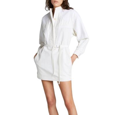 China Women New Arrivals Mandarin Collar Button Front Long Sleeves Side Pockets Cotton Breathable Simple Shorts Mini Dress for sale