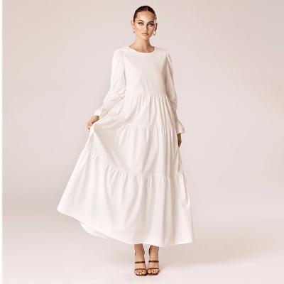 China Modest Modern Casual Premium Islamic Clothing Prayer Eid O Neck Sleeves Long Tiered Ruffles Maxi Muslim Abaya Hijab Dress White Dubai Ramadan for sale