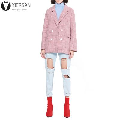 China Casual Plus Size Lapel Collar Sheath Long Double Breasted Plaid Pink Blazer For Women for sale