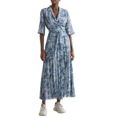 China Breathable Haute Couture Collar Casual Notched Shorts Sheath Maxi Long Dress For Women Pleated Printed for sale