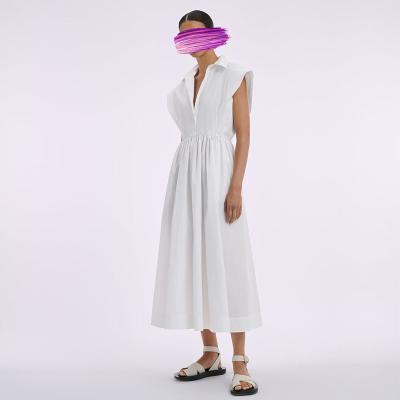 China New Fashion OEM Anti-wrinkle Summer Collection Front White Cotton Blend Maxi Dress Long Size Custom Sleeveless Button Top For Women for sale