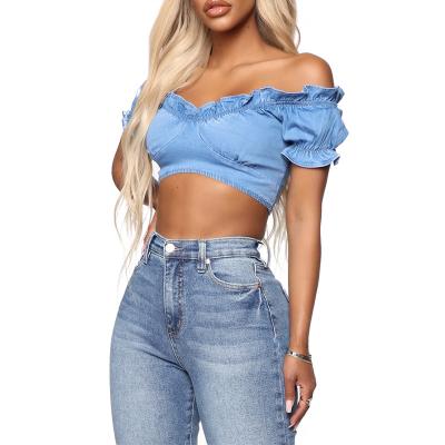 China Plus Size High Street Style Off The Shoulder Short Sleeves Plus Size Sexy Denim Crop Top For Women for sale