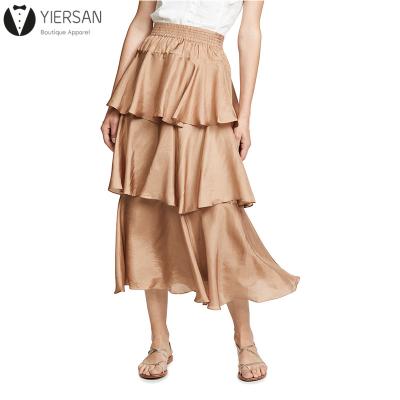 China New Fashion Elastic Waist Ruffles Maxi Long Skirt For Women Waterfall Lightweight Fabric for sale