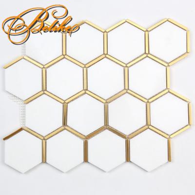 China Crystal White Marble Brass Mosaic Wall Tile Arabesque Style Home Decor Wall Cladding Modern Elegant Hexagon Interior Design for sale