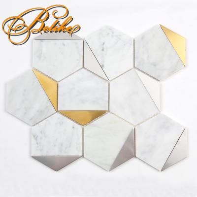 China Luxury Modern Metal Mix Marble Tile Mosaic Hexagon Wall Covering Back Interior Design Bianco Stone Home Decor for sale