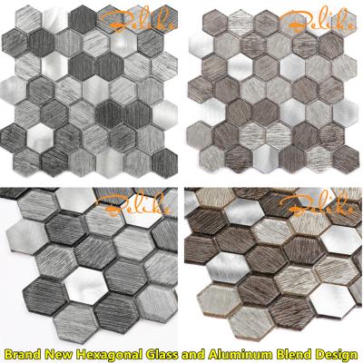 China Mix Mosaic Tile Glass Aluminum Hexagon Featured Wall Cladding Kitchen Backsplash Staggering Art Interior Design 300x300mm for sale