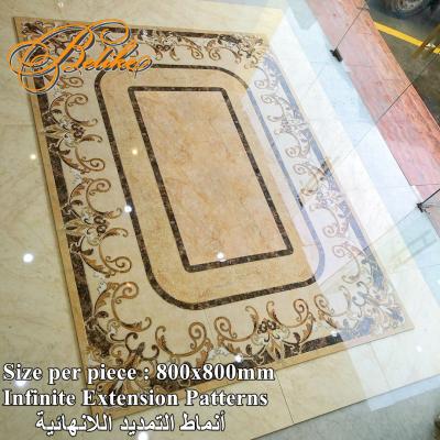 China Lavish Arabic Home Decor Waterjet Etched Gold Crystal High Glossy Ceramic Floor Tile Carpet Various Modern Combination Pattern for sale