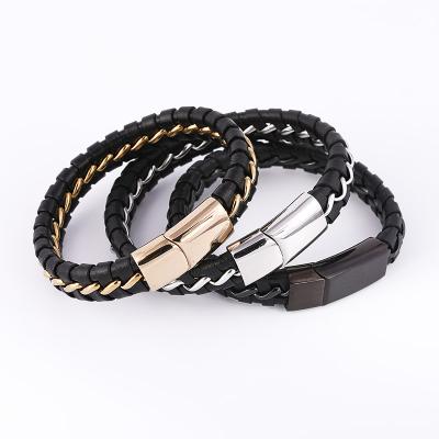 China Viking Stainless Steel Magnetic Closure Lack Woven Mens Stainless Steel Leather Bracelet Top Selling Hiphop Men Leather Bracelet Bangle for sale