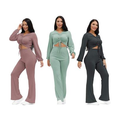 China 2021 Fashion Solid Color Women Wear Breathable Two Piece Strap Set With Long Sleeve Pants In Europe And America for sale