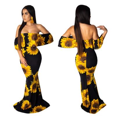 China Hot Sale Anti-Static Plus Size Clothing Flower Printed Backless Plus Size Long Maxi Evening Dress for sale