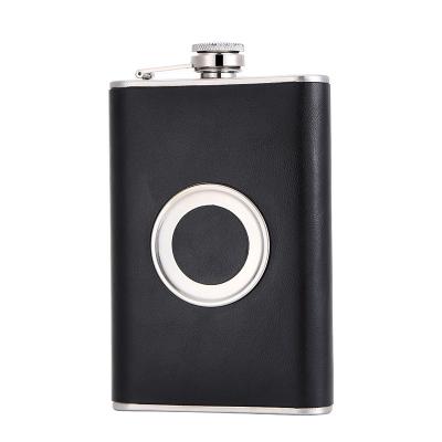 China Art Decor Wrap Stainless Steel Metal Hip Black Leather Flask With Shot Cup 8oz Flask Brown Black Liquor Flask for sale