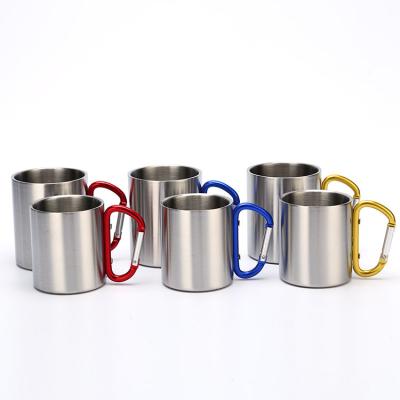 China Art Decor Wholesale and OEM Sublimation Blank Stainless Steel Mug with Silver Carabiner Handle Metal Travel Coffee Mug for sale