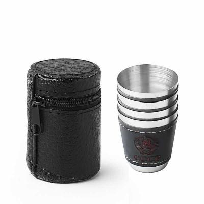 China Art Decor Leather Wrap Stainless Steel Pint Cup Metal Shot Glass With Leather Pouch 30ml 70ml 150ml for sale